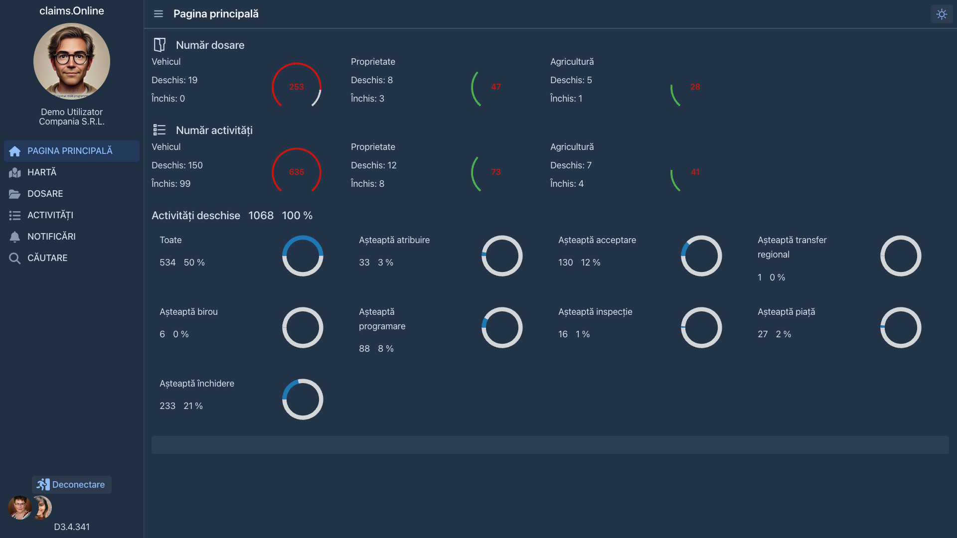 Tabloul de bord claims.Online cu o prezentare generală a cererilor active